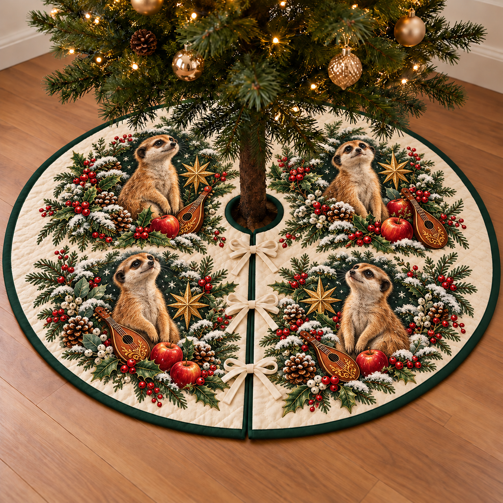 Meerkat Apple Toy Lute printed Christmas circular tree skirt; design mockup showing a flat printed depth effect.
