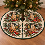 Meerkat Apple Toy Lute printed Christmas circular tree skirt; design mockup showing a flat printed depth effect.