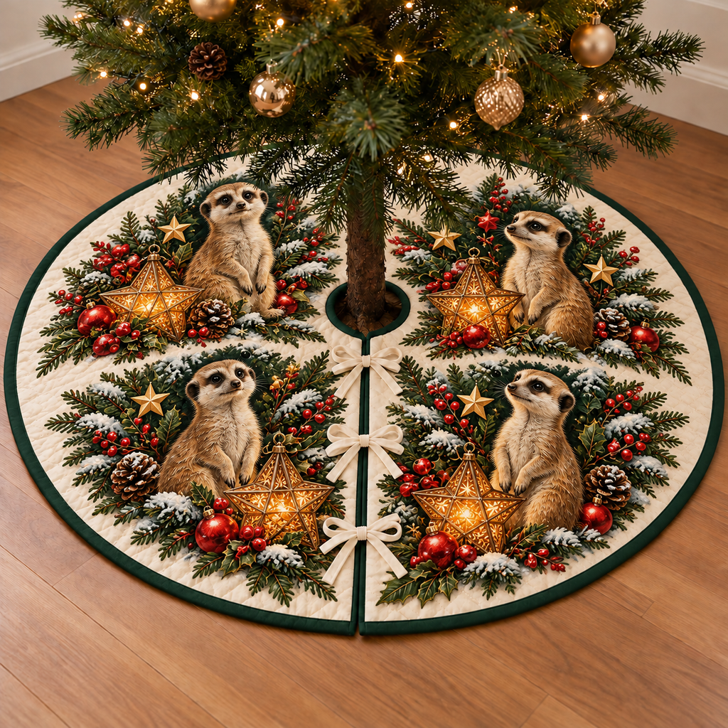 Meerkat Cranberry Star Lantern printed Christmas circular tree skirt; design mockup showing a flat printed depth effect.