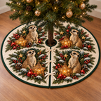Meerkat Cranberry Star Lantern printed Christmas circular tree skirt; design mockup showing a flat printed depth effect.