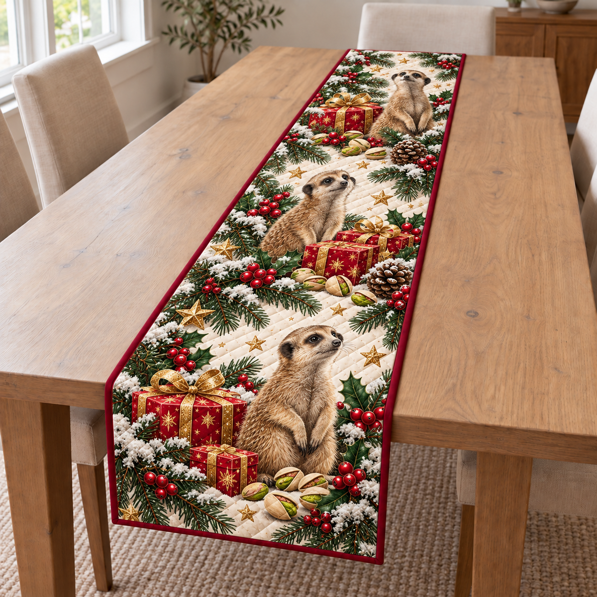 Meerkat Pistachio Toy Gift printed Christmas quilted table runner; design mockup showing a flat printed depth effect.