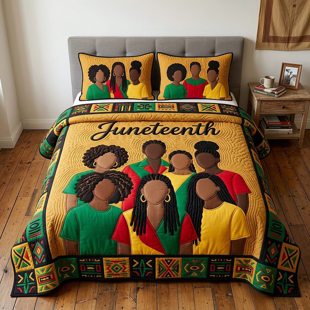 Melanin Legacy 100 Years quilted 3-piece bedding set on a made bed with two matching pillow shams