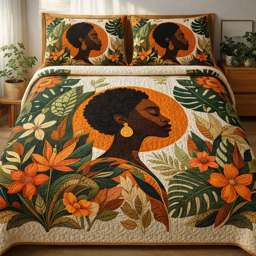 Melanin Profile Leaves quilted 3-piece bedding set on a made bed with two matching pillow shams