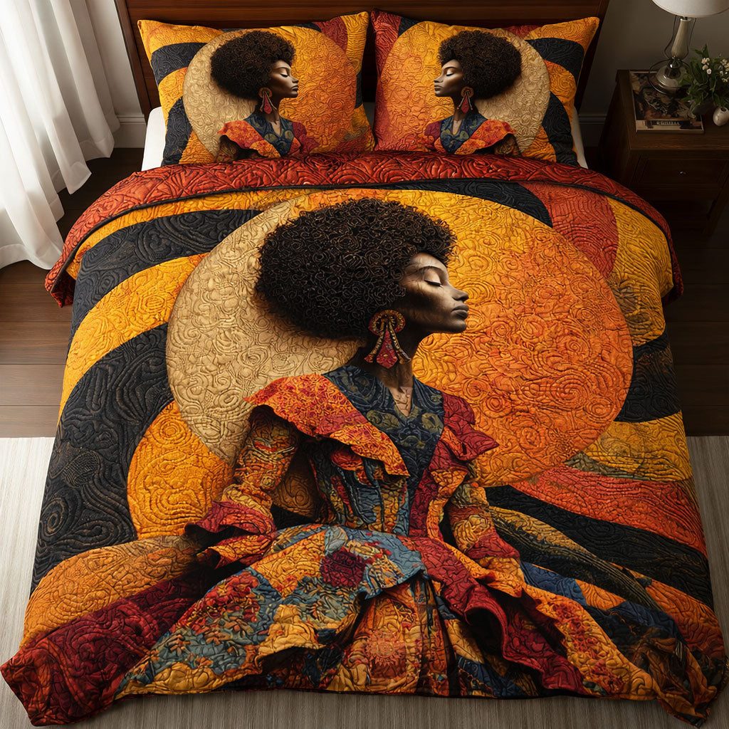 Melanin Queen Baobab quilted 3-piece bedding set on a made bed with two matching pillow shams