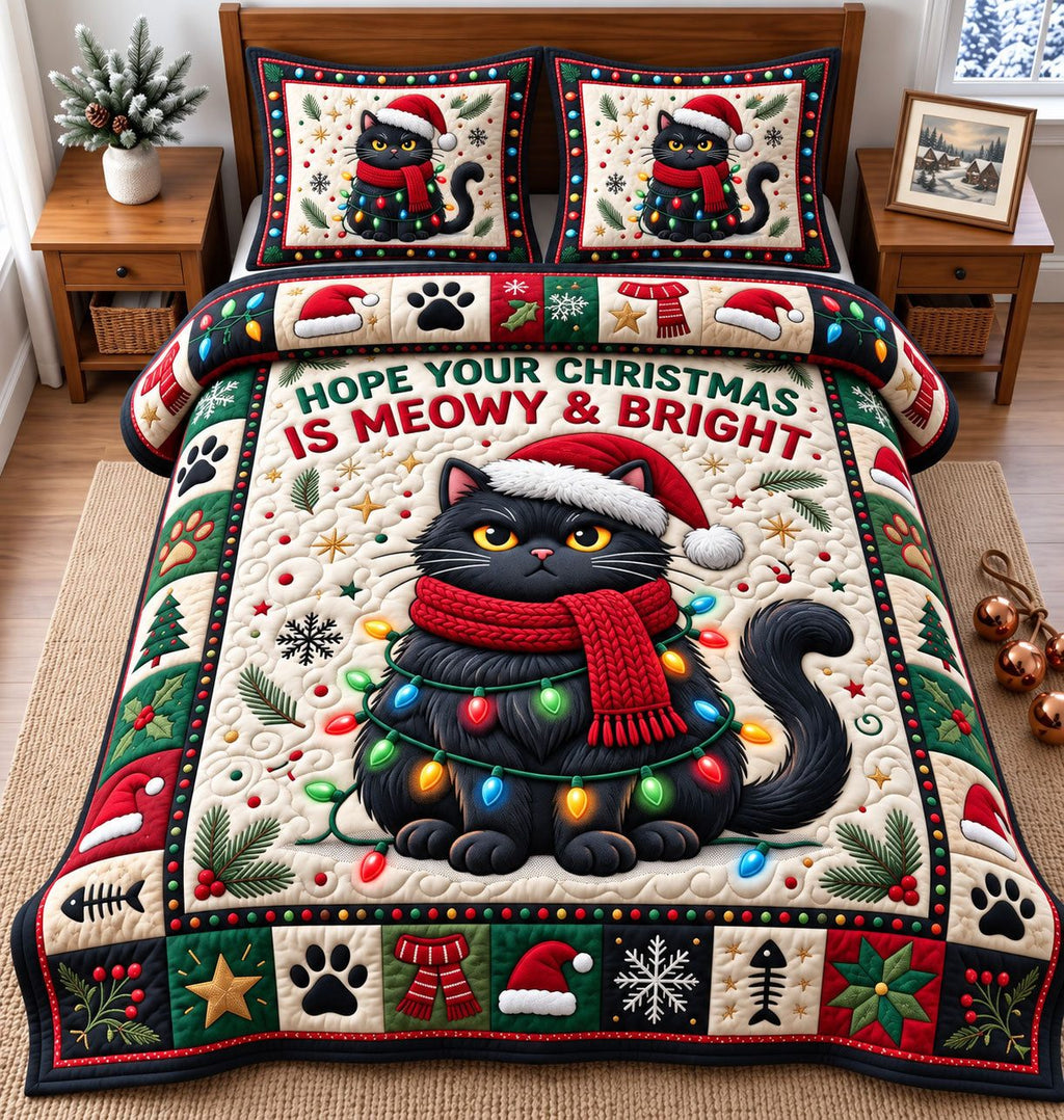 Meowy And Bright Black Cat quilted 3-piece bedding set on a made bed with two matching pillow shams