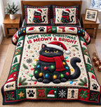 Meowy And Bright Black Cat quilted 3-piece bedding set on a made bed with two matching pillow shams