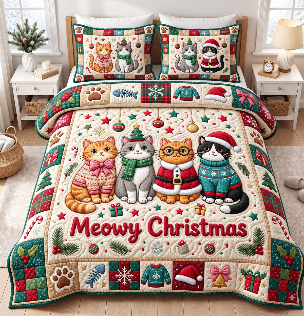 Meowy Christmas Sweater Cats quilted 3-piece bedding set on a made bed in a winter-styled bedroom