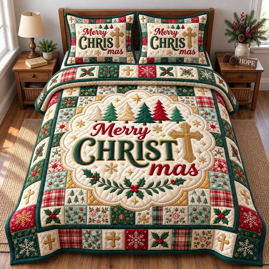 Merry Christmas Cross Trees quilted 3-piece bedding set on a made bed in a winter-styled bedroom
