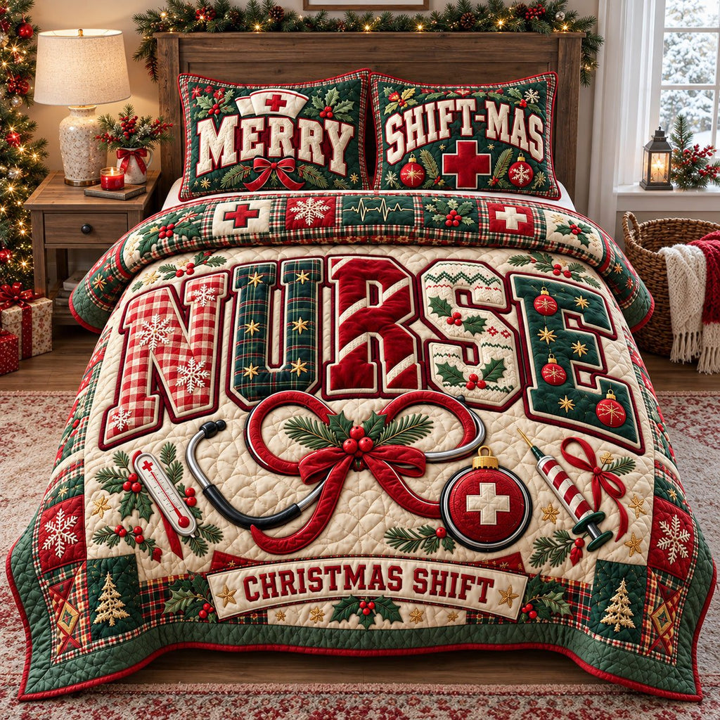 Merry Christmas Nurse quilted 3-piece bedding set on a made bed in a winter-styled bedroom