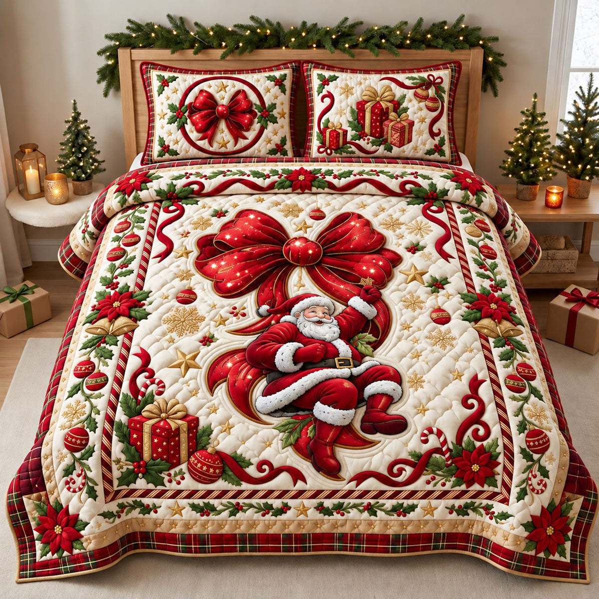 Merry Christmas Santa Bow quilted 3-piece bedding set on a made bed in a winter-styled bedroom