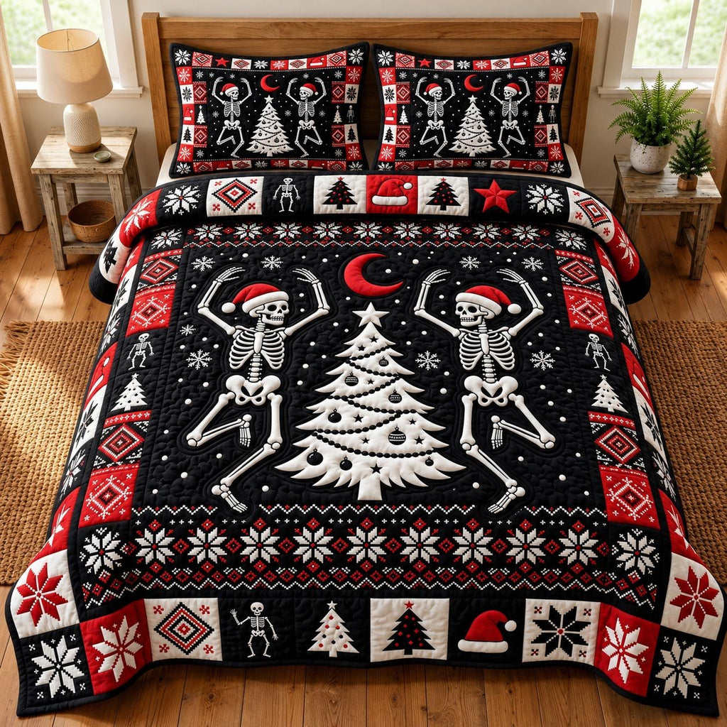 Merry Gothmas Dancing Skeletons quilted 3-piece bedding set on a made bed in a winter-styled bedroom