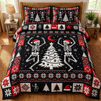 Merry Gothmas Dancing Skeletons quilted 3-piece bedding set on a made bed in a winter-styled bedroom