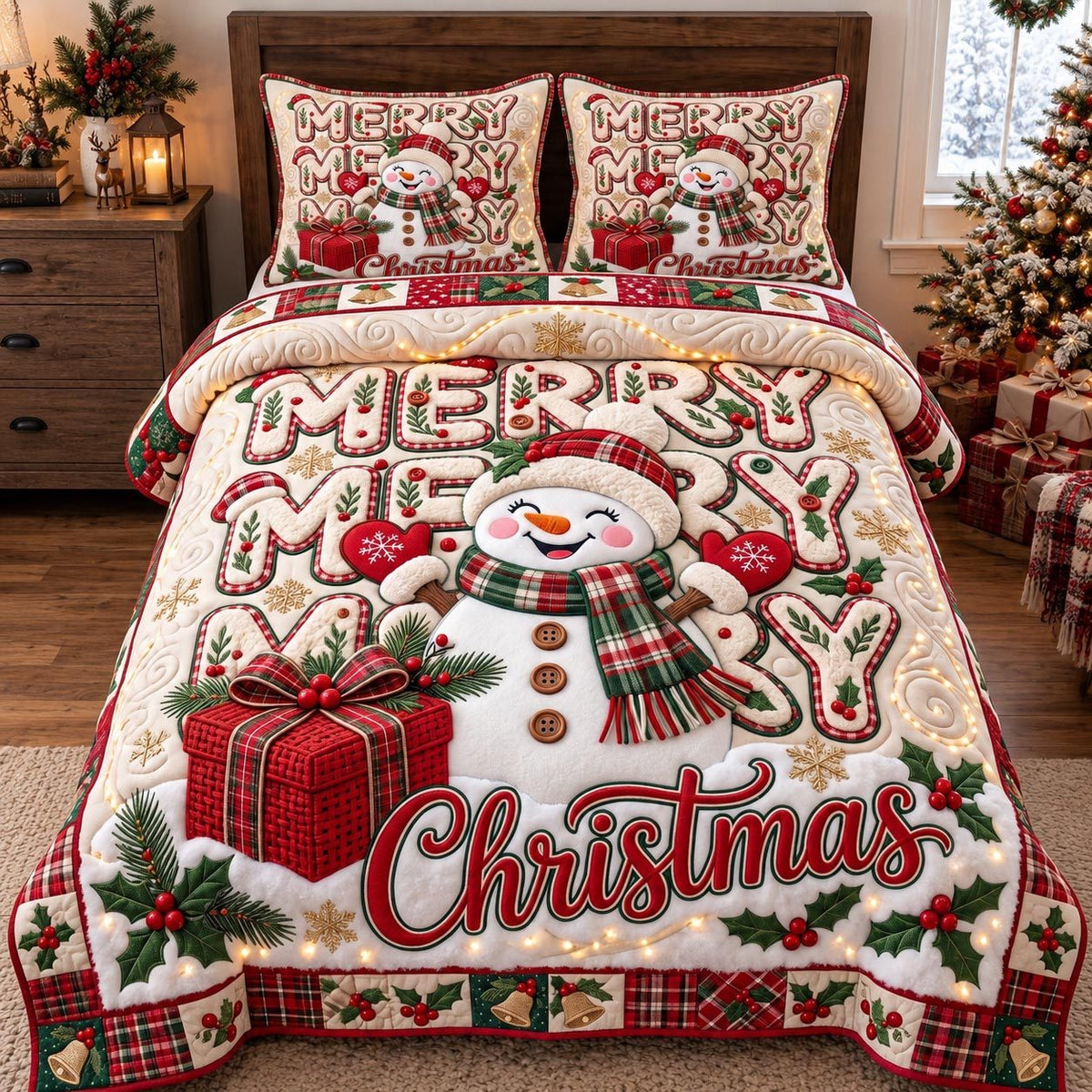 Merry Merry Snowman quilted 3-piece bedding set on a made bed in a winter-styled bedroom