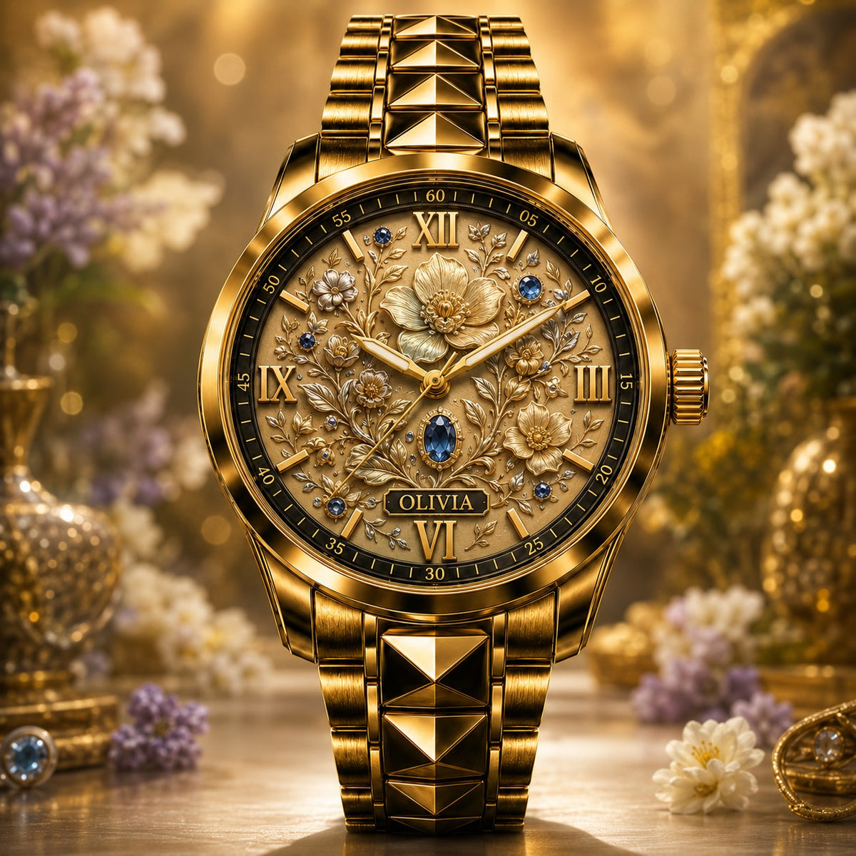 Personalized Jewelled Bloom Watch with a custom name set into the design