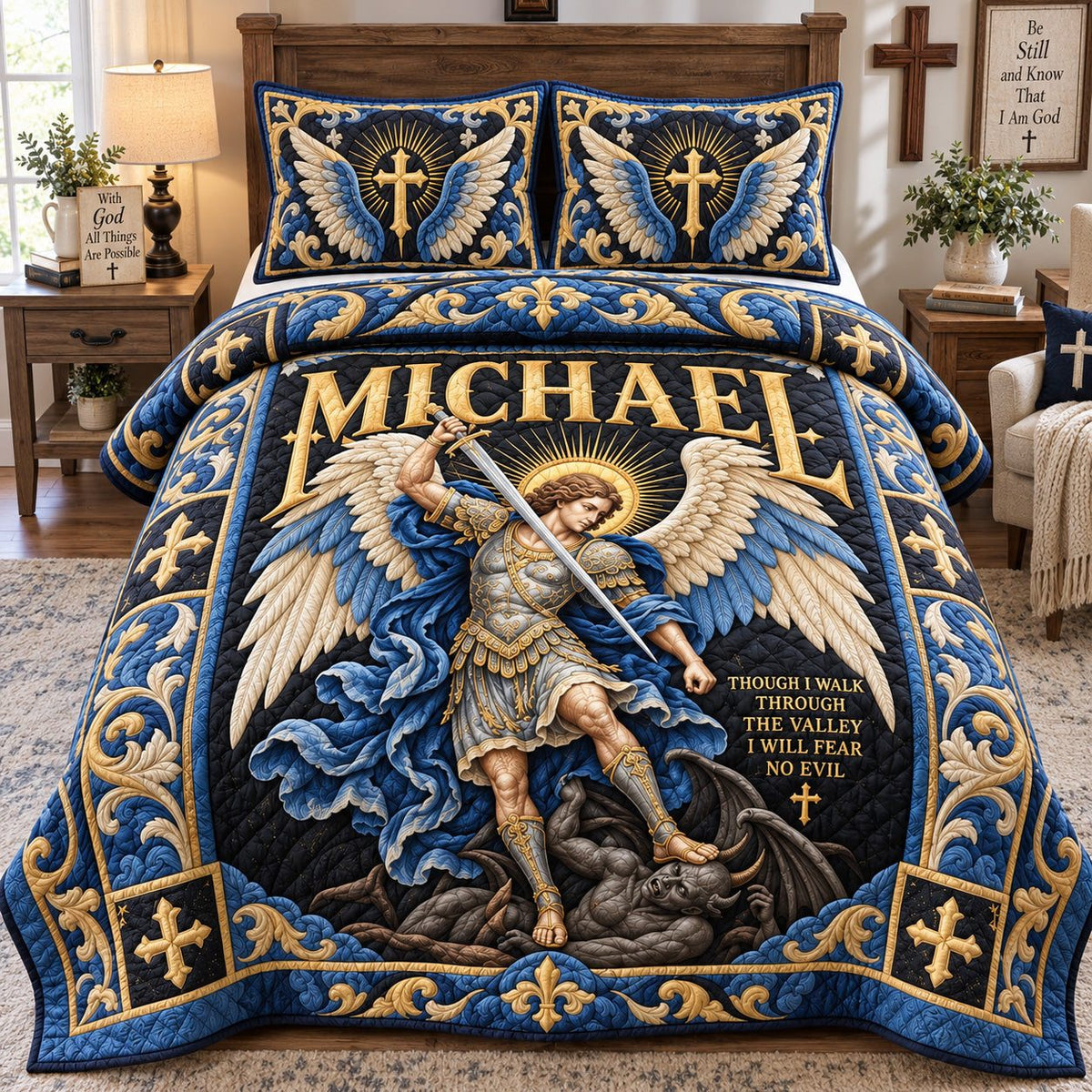Michael Guardian Of Faith quilted 3-piece bedding set on a made bed in a softly lit bedroom