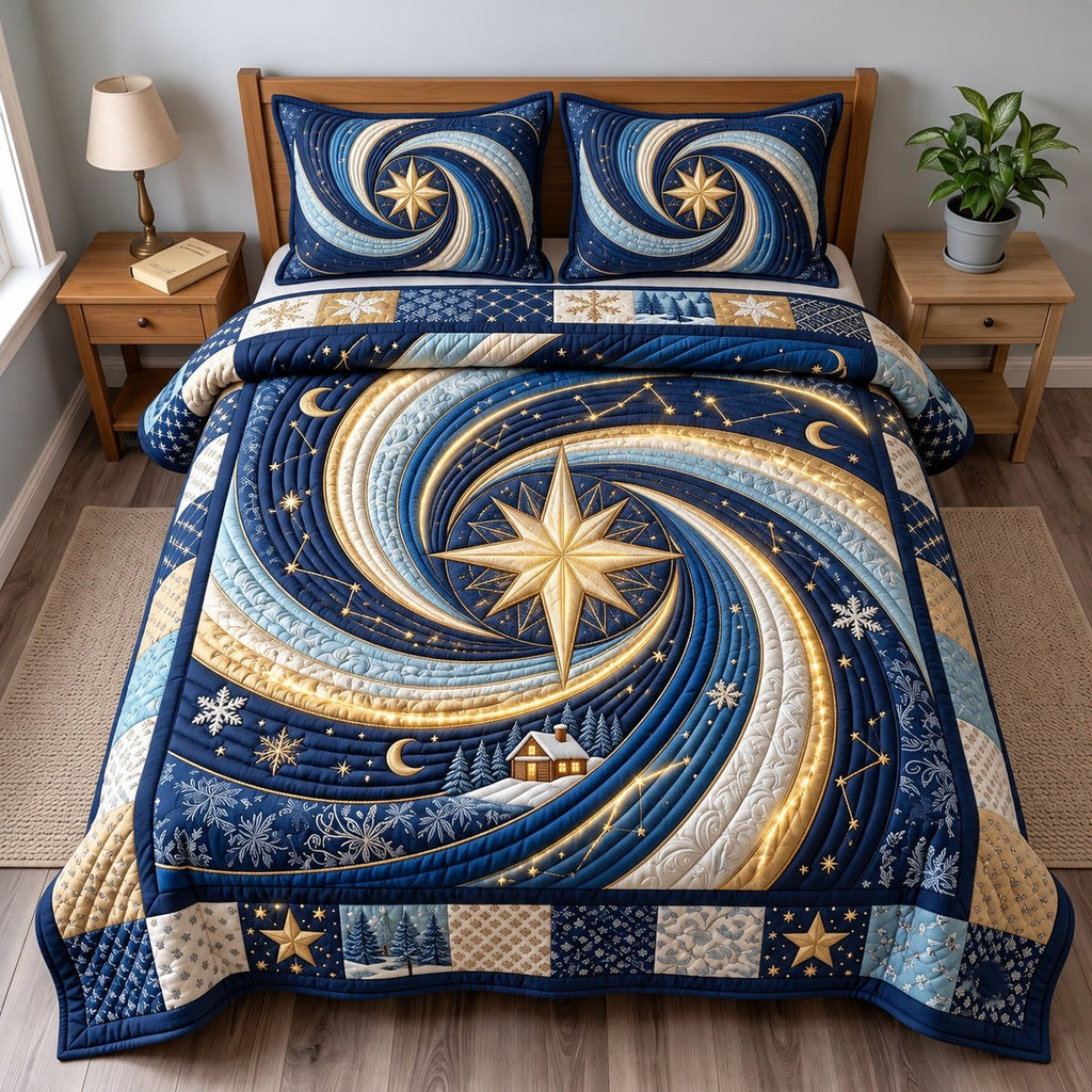 Midnight Christmas quilted 3-piece bedding set on a made bed in a winter-styled bedroom
