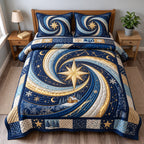 Midnight Christmas quilted 3-piece bedding set on a made bed in a winter-styled bedroom
