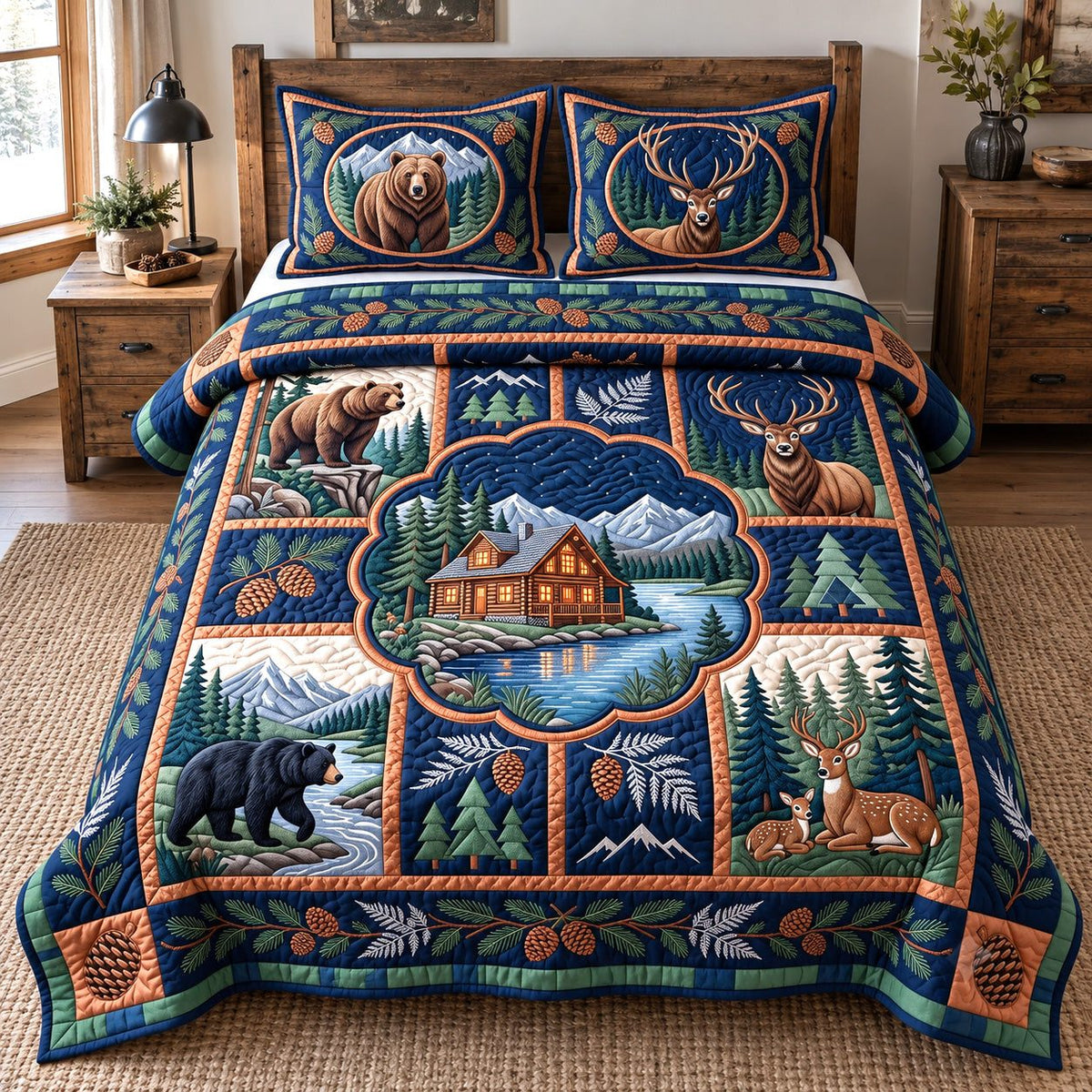 Midnight Forest Patchwork quilted 3-piece bedding set on a made bed in a farmhouse bedroom