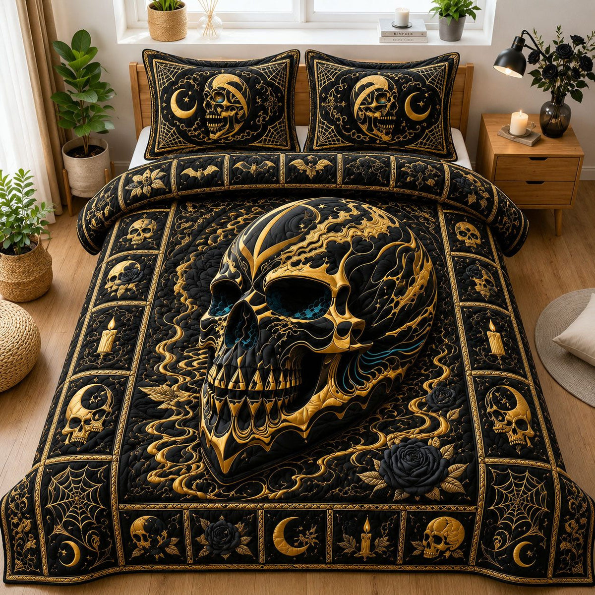 Midnight Gold Gothic Skull quilted 3-piece bedding set on a made bed against a dark styled interior