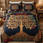Midnight Harvest quilted 3-piece bedding set on a made bed with two matching pillow shams