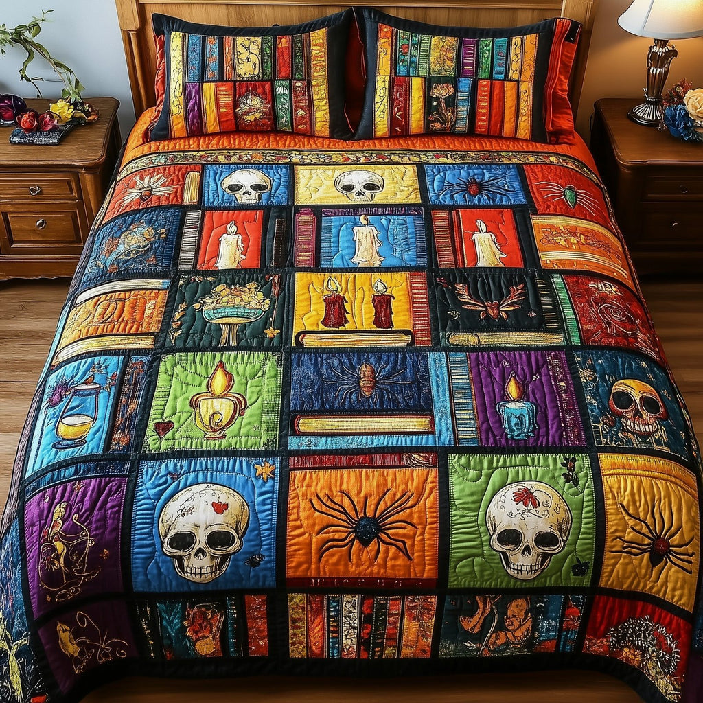 Midnight Library Skull Rows quilted 3-piece bedding set on a made bed against a dark styled interior