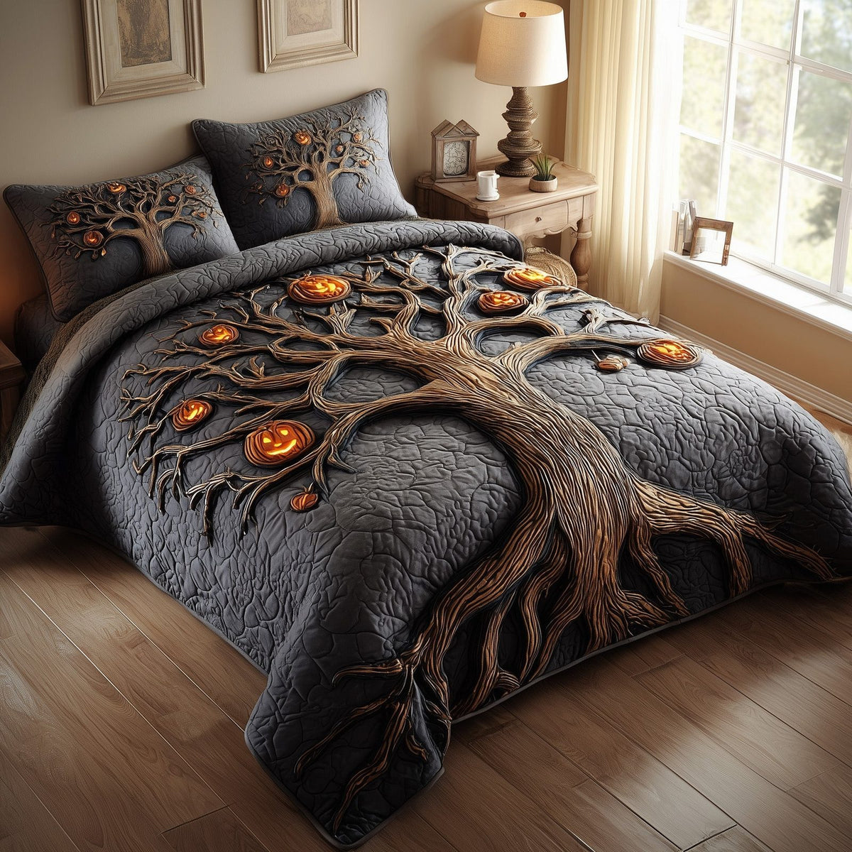 Midnight Manor Lantern Tree quilted 3-piece bedding set on a made bed with two matching pillow shams