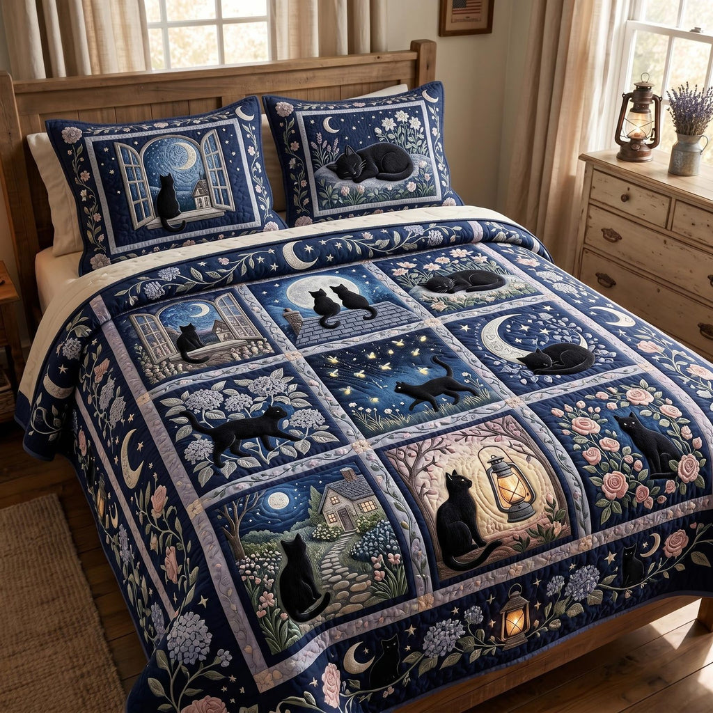 Midnight Pumpkin Cats Grid quilted 3-piece bedding set on a made bed against a dark styled interior