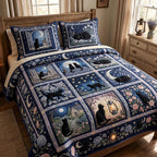 Midnight Pumpkin Cats Grid quilted 3-piece bedding set on a made bed against a dark styled interior