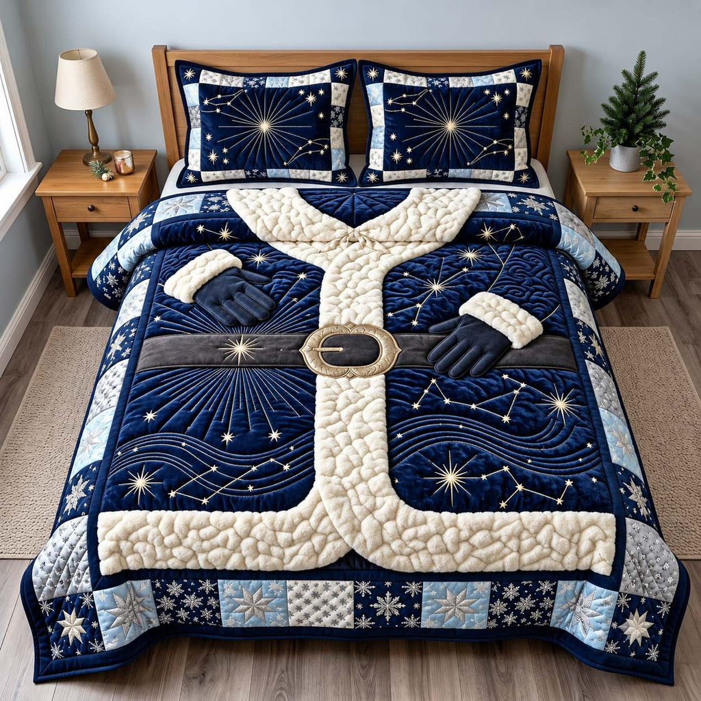 Midnight Santa Magic quilted 3-piece bedding set on a made bed in a winter-styled bedroom
