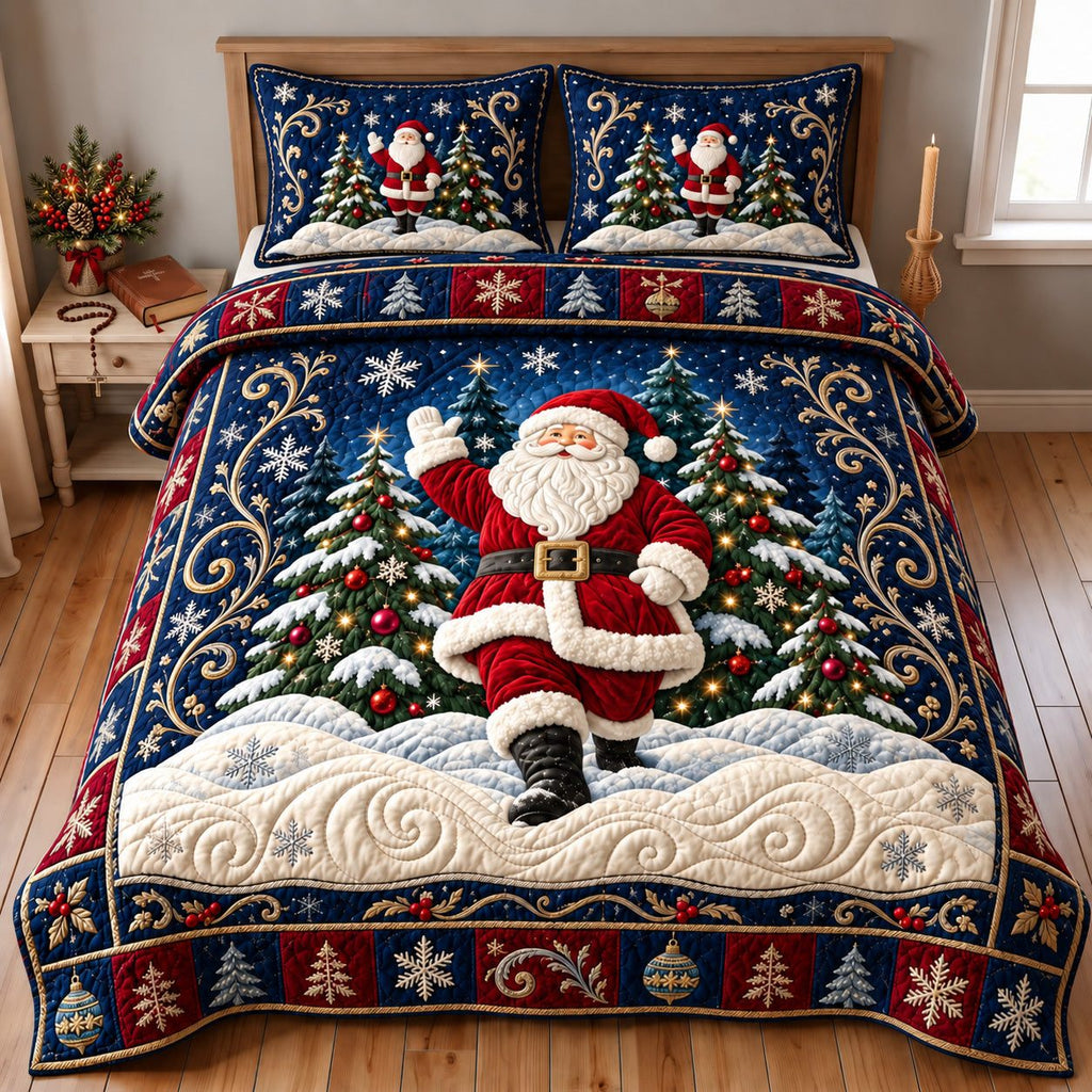 Midnight Santa quilted 3-piece bedding set on a made bed in a winter-styled bedroom