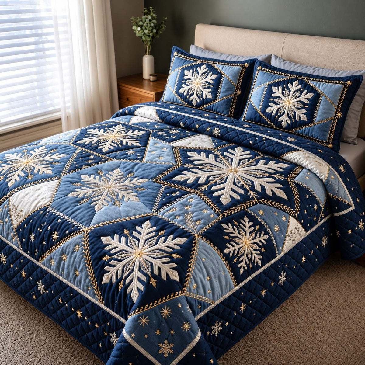 Midnight Snowflake quilted 3-piece bedding set on a made bed in a winter-styled bedroom