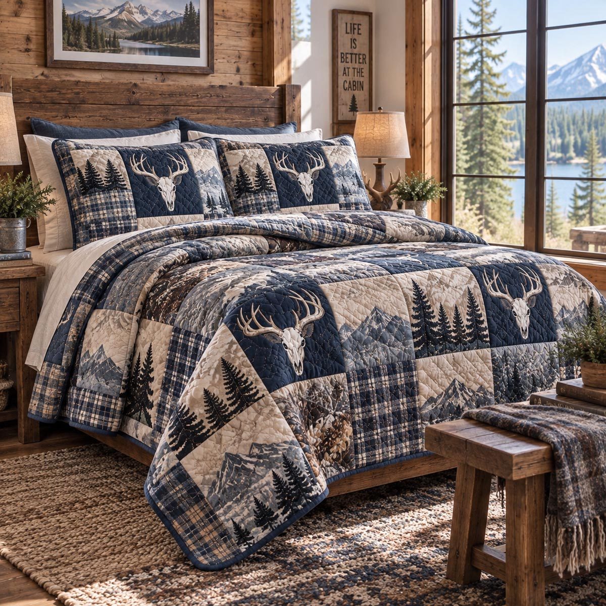 Midnight Stag Lodge quilted 3-piece bedding set on a made bed with two matching pillow shams