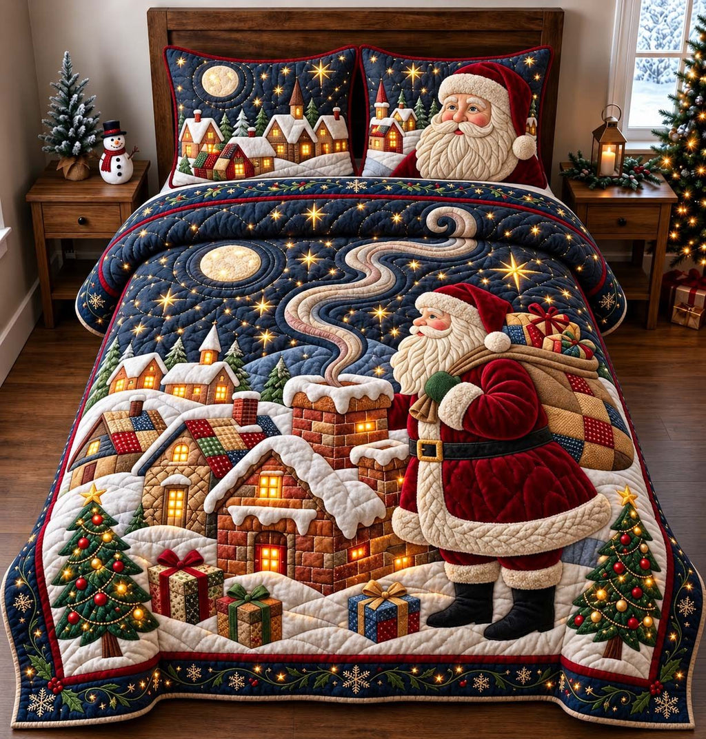 Midnight Visit Of Santa quilted 3-piece bedding set on a made bed in a winter-styled bedroom