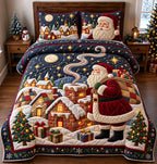 Midnight Visit Of Santa quilted 3-piece bedding set on a made bed in a winter-styled bedroom