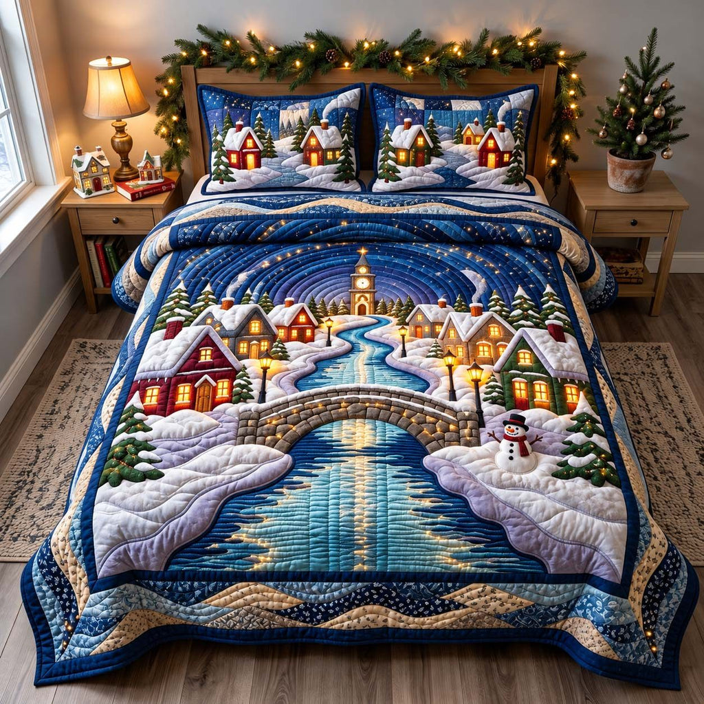 Midnight Winter Village quilted 3-piece bedding set on a made bed in a winter-styled bedroom