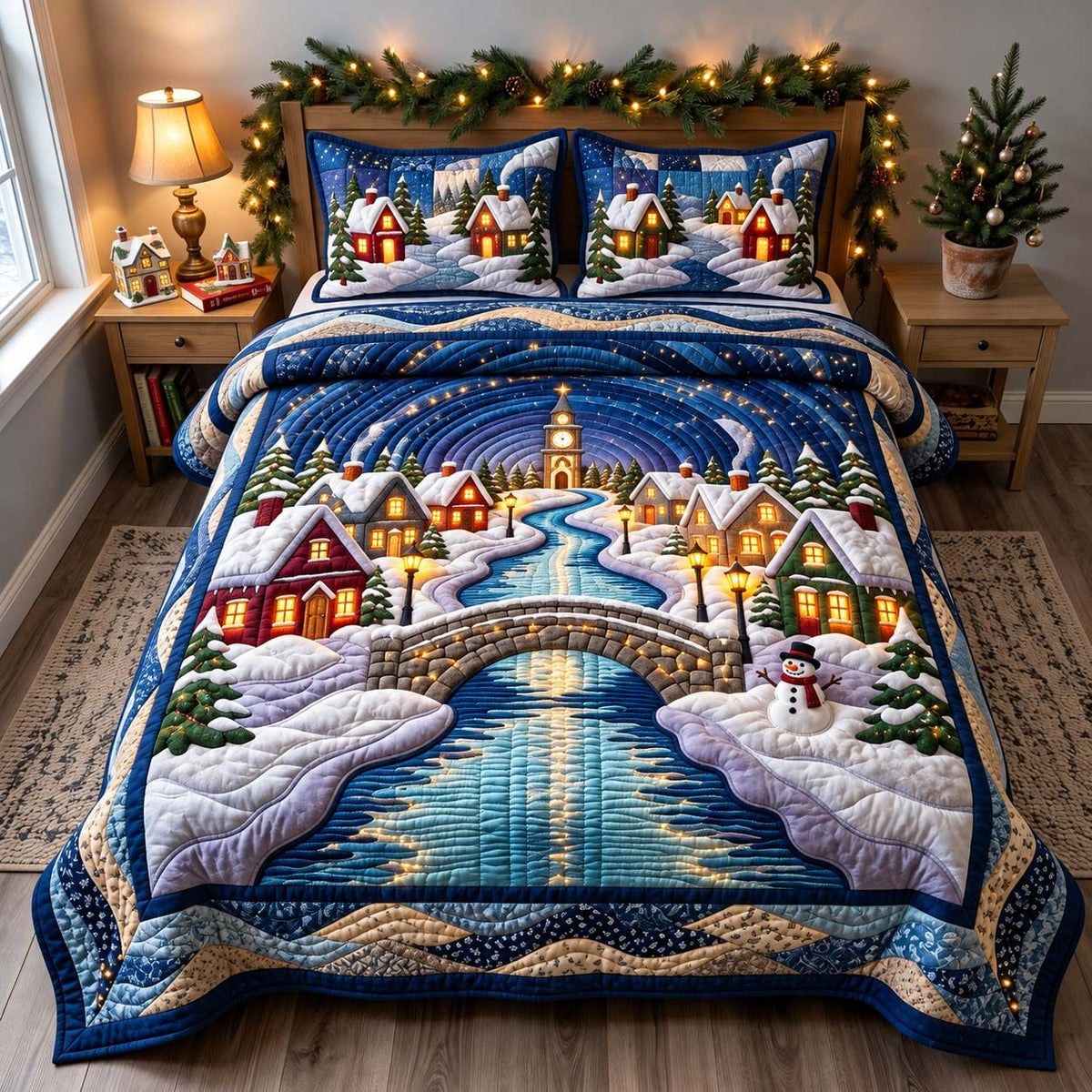Midnight Winter Village quilted 3-piece bedding set on a made bed in a winter-styled bedroom