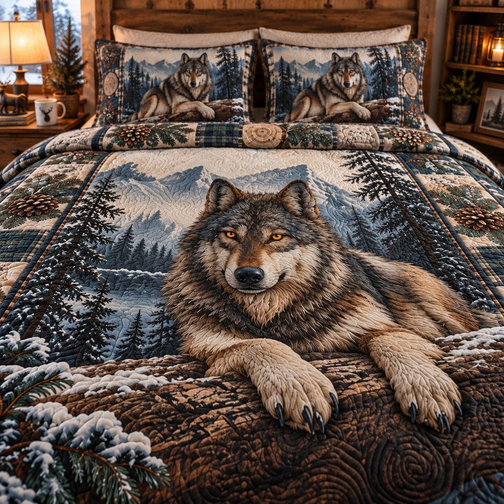 Midnight Wolf Spirit quilted 3-piece bedding set on a made bed with two matching pillow shams