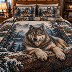Midnight Wolf Spirit quilted 3-piece bedding set on a made bed with two matching pillow shams