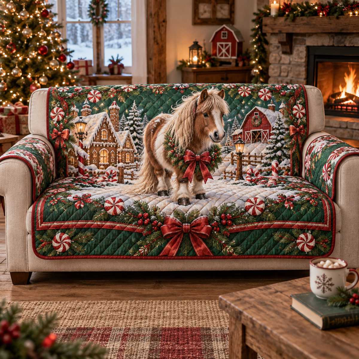 Miniature Pony Christmas Quilted Sofa Cover — digital product visualization