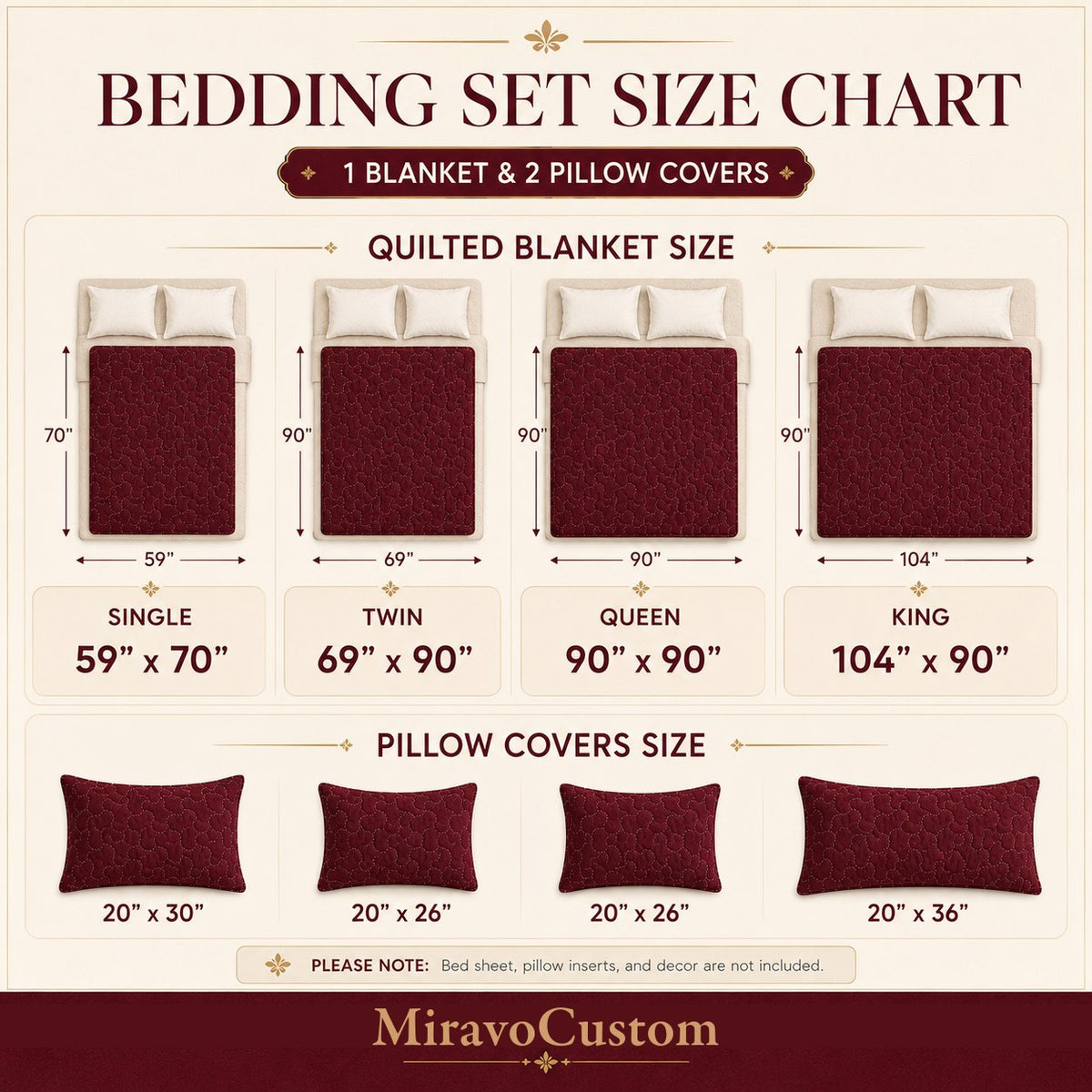Size chart for the 3-piece quilted bedding set in Single, Twin, Queen and King