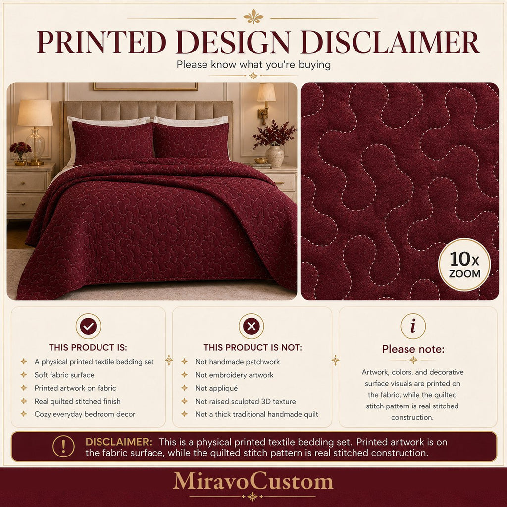 Printed design disclaimer: printed artwork on fabric with real quilted stitching, shown at 10x zoom