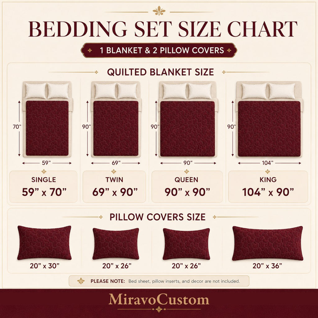 Size chart for the 3-piece quilted bedding set in Single, Twin, Queen and King