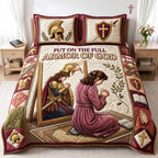 Mirror Of Prayer quilted 3-piece bedding set on a made bed in a softly lit bedroom
