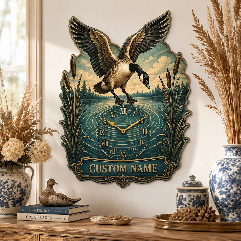 Landing goose Custom Name Wall Clock — personalized with a custom name