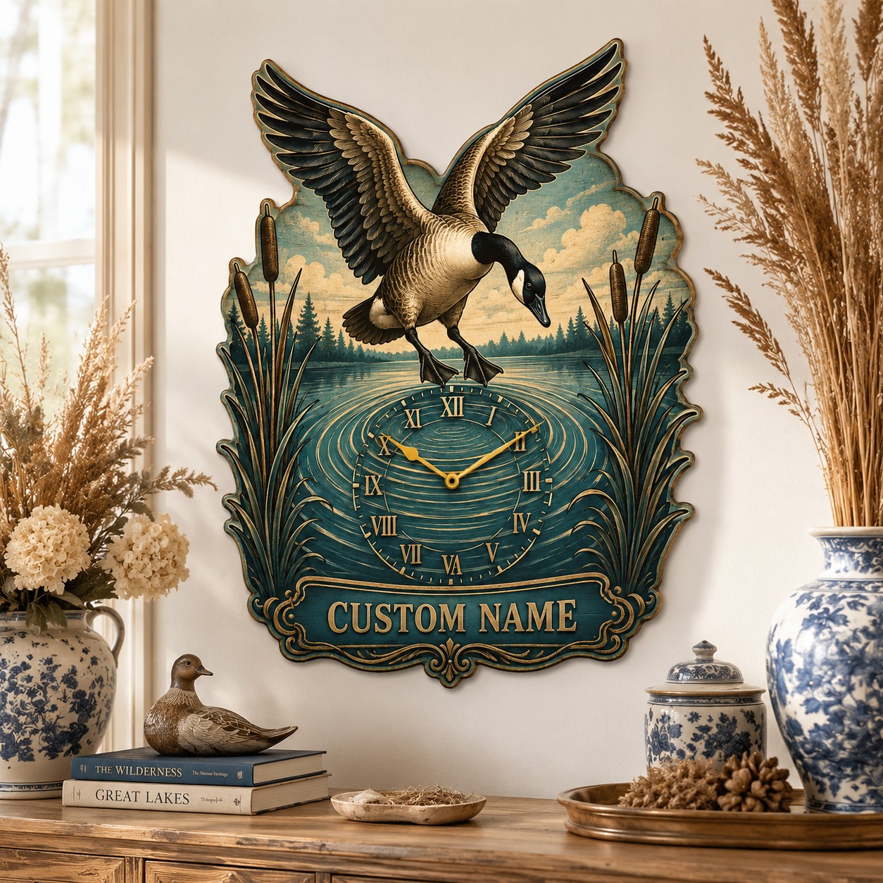 Landing goose Custom Name Wall Clock — personalized with a custom name