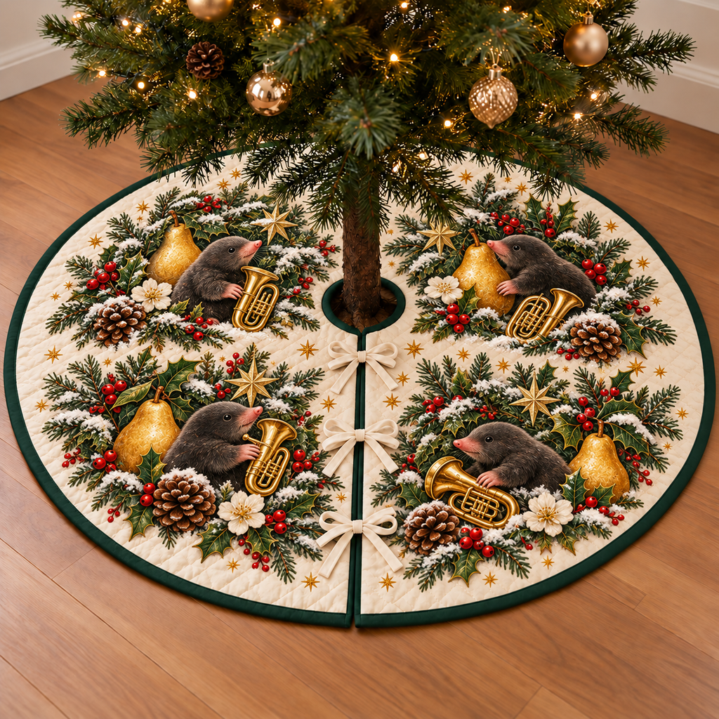 Mole Pear Toy Tuba printed Christmas circular tree skirt; design mockup showing a flat printed depth effect.