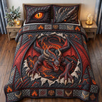 Molten Wings Inferno Dragon quilted 3-piece bedding set on a made bed with two matching pillow shams