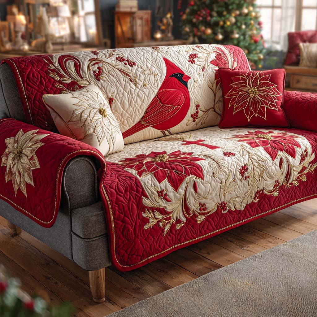 Cardinal Poinsettia Christmas Sofa Cover design