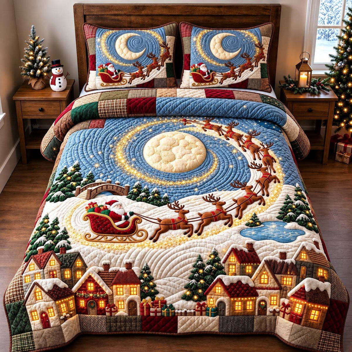 Moon Spiral Sleigh quilted 3-piece bedding set on a made bed in a winter-styled bedroom