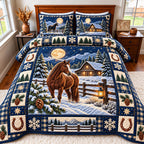 Moonlight Horse quilted 3-piece bedding set on a made bed in a rustic timber bedroom